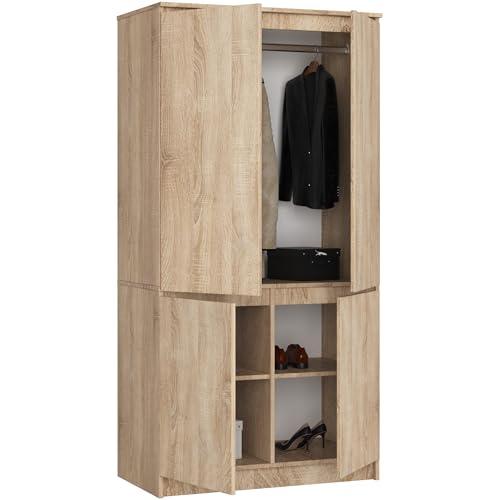 BDW 4-Türiger Kleiderschrank - Großes Fassungsvermögen - Elegantes, vielseitiges Design - Universell einsetzbar - Für Schlafzimmer, Wohnzimmer, Büro - 90 cm - mit 4 Fachböden - Eiche Sonoma