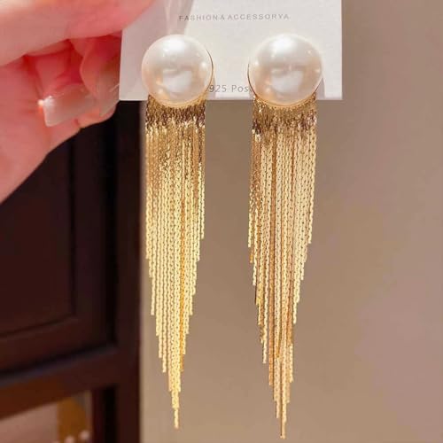 Charm Gold Long Tassel Drop Dangly Pearl Earrings for Woman (Gold) by Lcineic - Used condition - Image 8