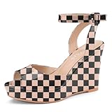 Women's Platform Wedge Sandals Round Peep Open Toe Ankle Strap Buckle Slingback High Heel Dress Shoes Black Beige Plaid Patent Leather Heels (Black Beige Plaid patent,6)