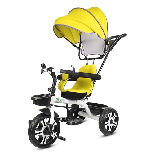 Image of BABY SMILE 4-in-1 Kids Tricycle with Adjustable Canopy, Parent Push Handle, Red and White (Yellow)