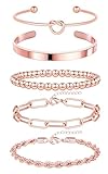 Gokeey Rose Gold Cuff Bracelets for Women,Dainty Rose Gold Bangles Bracelets Set for Women, Paperclip Link Chain Rope Beaded Tie Knot Bracelets Stack Chunky Jewelry