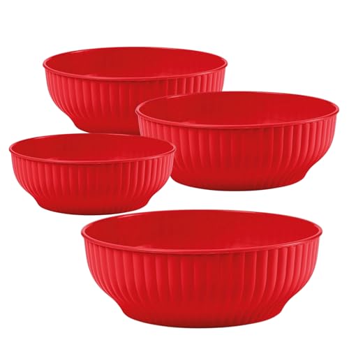 Generico Insalatiera in Plastica Costolata, Set 4 Ciotole da Cucina, 20cm 22cm 24cm 26cm, Bacinella per Insalate e Preparazioni (Rosso, 20/22/24/26cm)