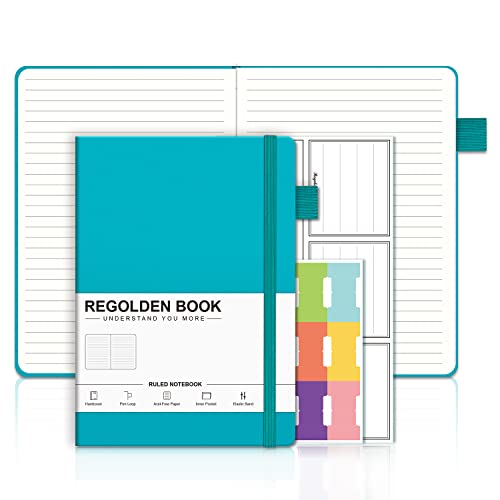 Regolden-Book A5 Ruled Notebook Hardcover for Note Taking, Thick Paper Lined Hardcover Journal with Pen Holder 176 Pages 8.5x5.5, for Men & Women School/College/Work/Office (Teal)