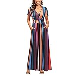 OUGES Sommerkleid Damen Kurzarm/Langarm V-Ausschnitt Kleid Casual Kleider Maxikleid mit Taschen