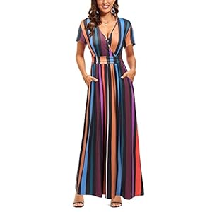 OUGES Sommerkleid Damen Kurzarm/Langarm V-Ausschnitt Kleid Casual Kleider Maxikleid mit Taschen