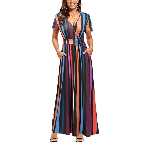 OUGES Sommerkleid Damen Kurzarm/Langarm V-Ausschnitt Kleid Casual Kleider Maxikleid mit Taschen