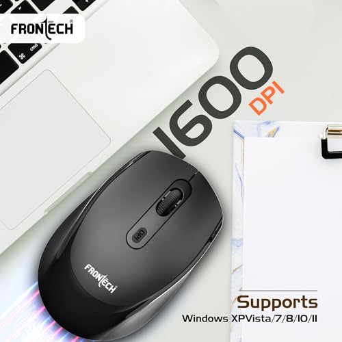 Image of FRONTECH MS-0074 Wireless Mouse, 2.4GHz with USB Receiver, High Precision Optical Tracking, 4 Buttons, Plug & Play, Ergonomic Design for PC /Mac /Laptop (Black)