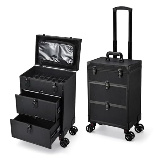 Professional Rolling Makeup Case Cosmetology Case on Wheels 2 Large Drawer Nail Case Trolley Traveling Cosmetic Train Case with Makeup Pouch for Artists Nail Technician Salon Cart Trunk Black Leather