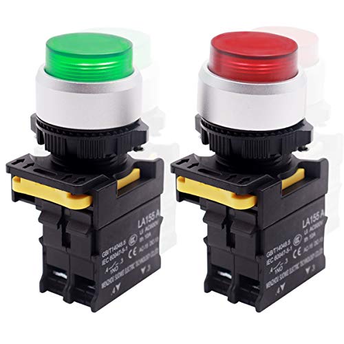 Mxuteuk 2Pcs High Head Red Green Led Light Voltage 110V-220V 22Mm 1No 1Nc Waterproof Ip65 Spst Latching Push Button Switch 10A 600V La155-A1-Gtrg #TOP14