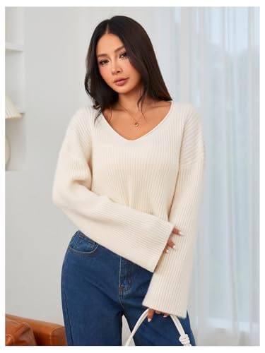 MakeMeChic Women's Cream Cropped Sweater Knit Crop Top Sweater V Neck Drop Shoulder Long Sleeve Pullover3