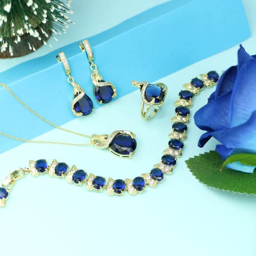 Gzwhd Gold Tone And Blue Created-Sapphire Jewelry Set For Women September Birthstone Earrings Necklace Bracelet Open Ring Birthday Valentine Gifts For Mom Wife Best Friend #TOP4