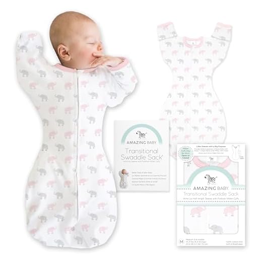 Amazing Baby Transitional Swaddle Sack with Arms Up Half-Length Sleeves and Mitten Cuffs, Tiny Elephants, Pink, Medium, 3-6 months, 14-21 lbs (Better Sleep for Baby Girls, Easy Swaddle Transition)