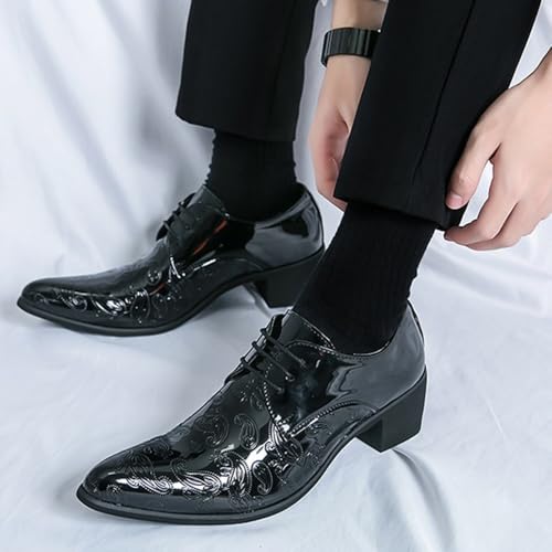 Men's Printing Pointed-Toe Patent Leather Derby Oxford Shoes,Classic Lace-up Low Top Block High Heel Fashion Slip On Prom Business Wedding Dress Shoes(Noir,10.5)4
