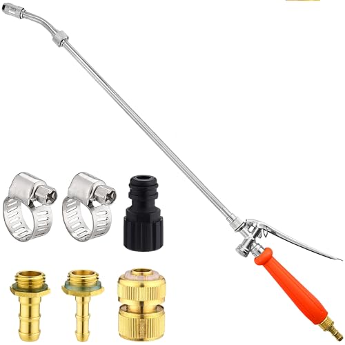 Mornajina 29 Inch All Metal Sprayer Wand Replacement Kit, 1/4\" & 1/2\'\' & 3/8\" Brass Barb Sprayer Wand Stainless Steel Garden Hose Wand Sprayer with Built-in Shut Valve & Quick Connector & Hose Clamps