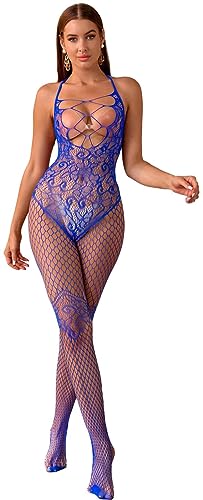 Bommi Fairy Women's Floral Lace Halter Fishnet Teddy Mesh Lingerie Sexy Shapewear Clubwear Stretch Crotchless Bodystocking Hollow-Out Tights (Blue)