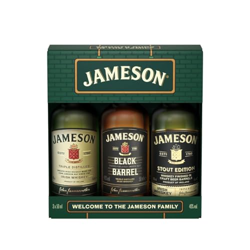 Jameson Irish Miniatures Gift Box Selection | 3 x 50ml | Jameson Original, Black Barrel and Stout Edition Triple Distilled Minis | Gift set for Birthday's and Special Occasions