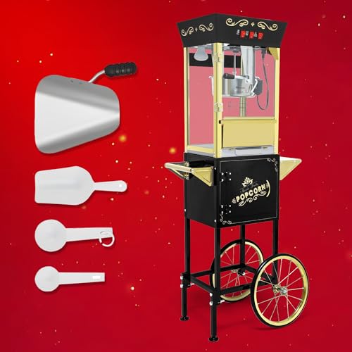 Image of Popcorn Machine with Cart Wheels Popcorn Maker with Stainless Steel Kettle Popcorn Popper for Home, Theater, Parties (14OZ /Cart, Black)