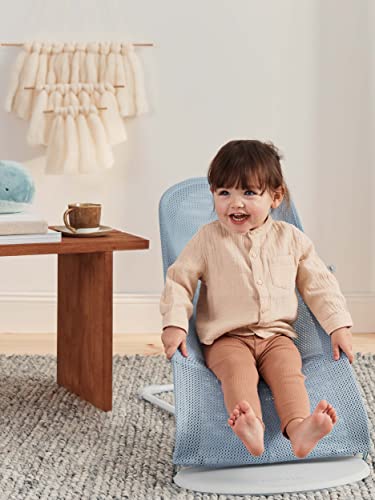 BabyBjörn Bouncer Balance Soft, Light Grey Frame, Mesh, Sky Blue/White, 2-in-1 Adjustable Baby Bouncer Seat and Toddler Chair, Newborn to Toddler (8-29 lbs), 4 Positions, Lightweight & Portable