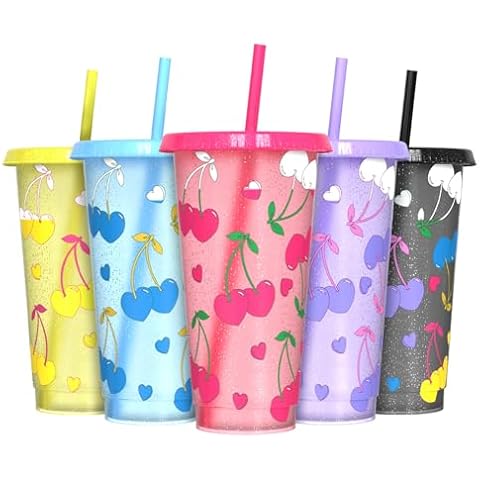 OZMOJOO Color Changing Cups, Plastic Tumblers with Lids and Straws, Reusable Plastic Cups - BPA-Free, Sturdy & Food Safe, Perfect for Iced Coffee, Milkshakes & Smoothies, 5 Pack - Glitter Cherry Cover