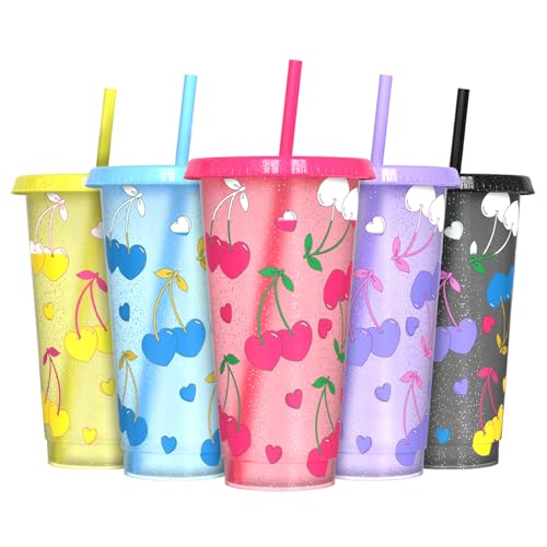 OZMOJOO Lot de 5 gobelets en plastique réutilisables avec couvercles et pailles à changement de couleur, sans BPA, robustes et de qualité alimentaire,...