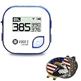 Golf Buddy Bundle Voice 2 GolfBuddy Voice2 Easy-to-Use Talking GPS, White/Silver + 1 Custom Ball Marker Hat Clip Set (American Eagle)