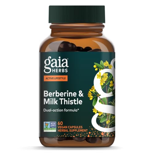 Gaia Herbs Berberine and Milk Thistle bottle — proof of the paired herbal formula in a single capsule.