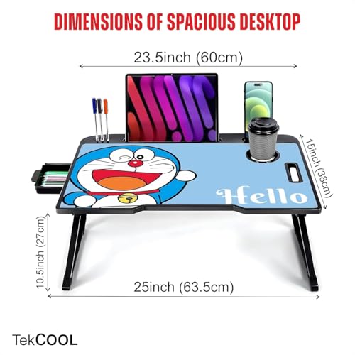 Image of TEKCOOL Wood Smart Multipurpose Foldable Laptop Table with Cup Holder,Study Table,Bed Table,Breakfast Table,Foldable and Portable /Ergonomic & Rounded Edges /Non-Slip Legs (doremon)'