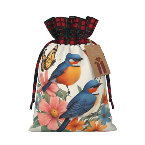 1 sacchetto regalo natalizio con coulisse, motivo uccelli, fiori e farfalle, 21,1 x 30 cm, per regalare regali durante le feste