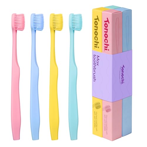Image of Max Extra Soft Toothbrush for Adults with Sensitive Gums, Soft Bristle Toothbrushes, Wide Head for Back Teeth, Ergonomic Non-Slip Grip, BPA Free, Individually Wrapped, 4 Pack, Macaron Set