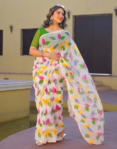 Image of SIRIL Women's Chiffon Printed Saree with Unstitched Blouse Piece