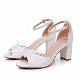 BGDTEFJDZ Chaussures De Mariage Mariée Femmes Dentelle Talon Bottier Escarpins Bout Ouvert Et Talon Épais Pour Femme Sandales À Talons Hauts 7.5Cm,White,40