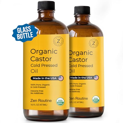 Glass Bottle Castor Oil, Hexane-Free, Organic Cold Pressed, Oil for Hair Growth, Eyelashes and Eyebrows, Hair and Body Oil, Glass Bottle, Carrier Oil, 16 Oz (Pack of 2)