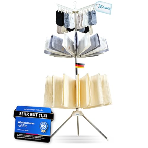 FaltFix Wäscheständer Turm platzsparend für Kleinwäsche Wäscheständer klappbar mit Sockenhalter Wäschespinne hoch Balkon Dusche innen und außen mit Wäscheklammern Turmwäscheständer schwarz weiß pink