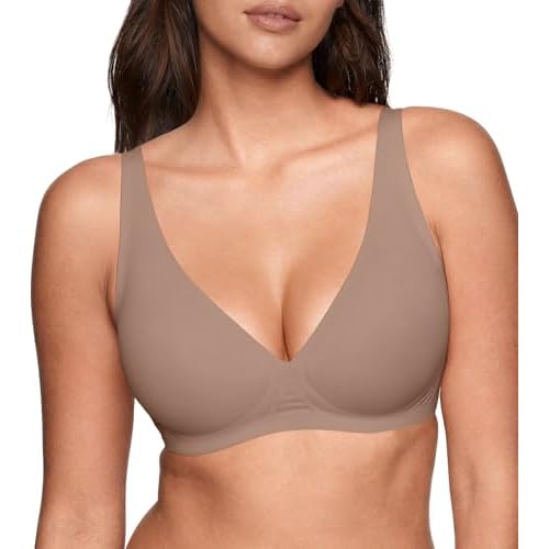 Women‘s Wireless Jelly Plunge Bra – Deep V Seamless No Underwire Comfortable T-Shirt Bralettes Coffee X-Large