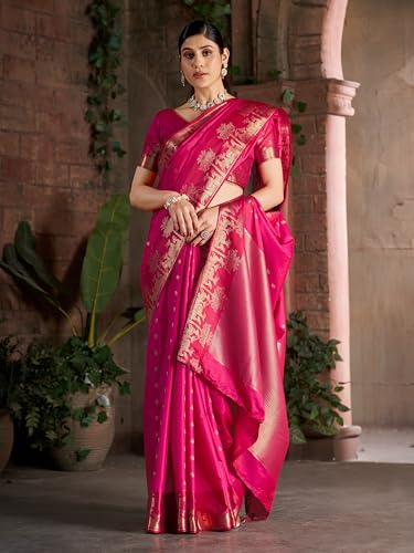 Image of MADHUHANSH Women's Cotton Silk Saree with Unstitched Blouse Piece Zari Weave and Floral Pattern | Heavy Embroidery Saree for Women | Interview Saree for Women | Readymade Blouse with Saree Set