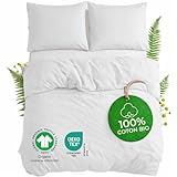 linge de lit blanc pas cher Coton bio certifié - Housse de couette 200x200 en percale 180 TC avec taies assorties, tissée en coton bio doux et respirant. Certifiée Oeko-Tex & GOTS, elle garantit un linge de lit sain, sans substances nocives, adapté aux peaux sensibles.