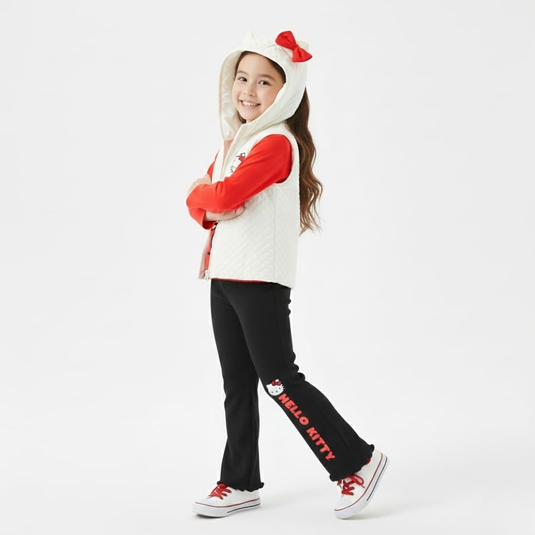 Hello Kitty Sanrio Girls 3 Piece Long Sleeve Shirt, Hooded Vest, and Flared Pants Set with Ears for Big Kids