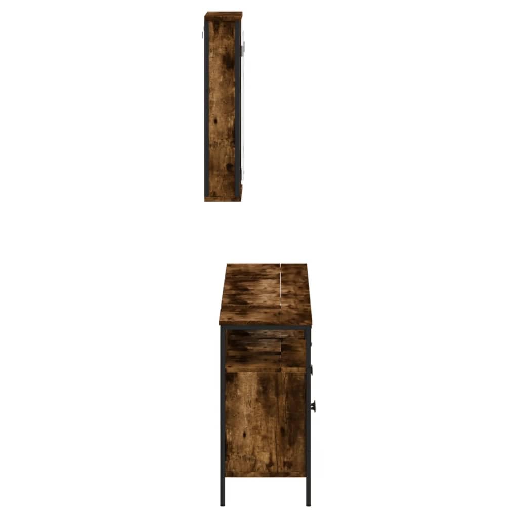 3-TLG. Badmöbel-Set Räuchereiche Holzwerkstoff mit Waschbeckenunterschrank und Spiegelschrank, viel Stauraum, platzsparendes Design, klare Spiegelglasfläche für Make-up und Rasur,