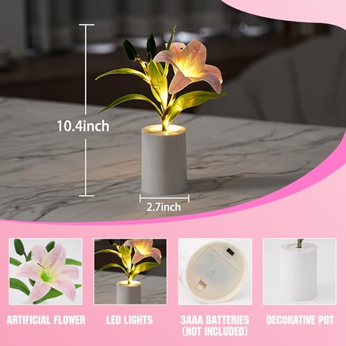 Image of Artificial Pink Lily Lamp, Home Cafe Decor Light Birthday Gifts for Women