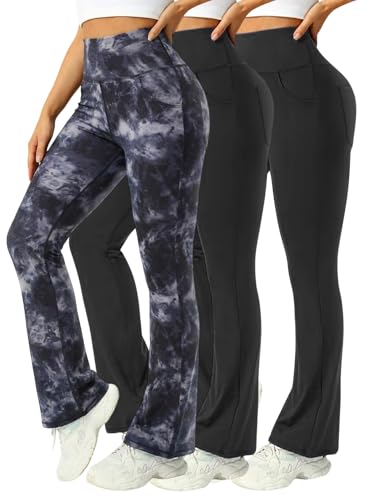 Mlenhor 3 Packs Womens High Waist Flare Pants-Flare Yoga Pants，Yoga Pants with Pockets - High Waist and Wide Leg (US, Alpha, Small, Regular, Regular, 3 Pack Black + Black + Tie-Dye Gray)