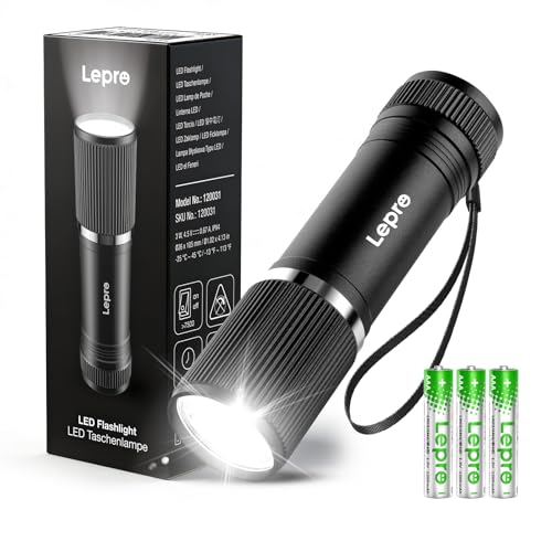 Lepro Torcia LED,Torcia LED Impermeabile IPX4 per Campeggio e Passeggiate con il Cane – Compatta, in Alluminio, 3 Batterie AAA Incluse – per Escursionismo e Emergenze