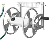Artigarden Outdoor Wall Mounted Hose Reel with Hook, Garden Heavy-Duty Water Hose Holder Winder with 3.9 ft Leader Hose, Brass Fitting and Storage Basket for Yard, Holds 125 Ft of 5/8-Inch Hose, White