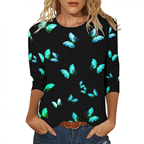 3/4 Sleeve V Neck Shirts for Women, Womens Summer 3/4 Sleeve Shirts Tunic Tops Round Neck Colorful Floral Printed Tees Shirt Loose Pullover Blouses Summer Tops for Valentines Day pp1