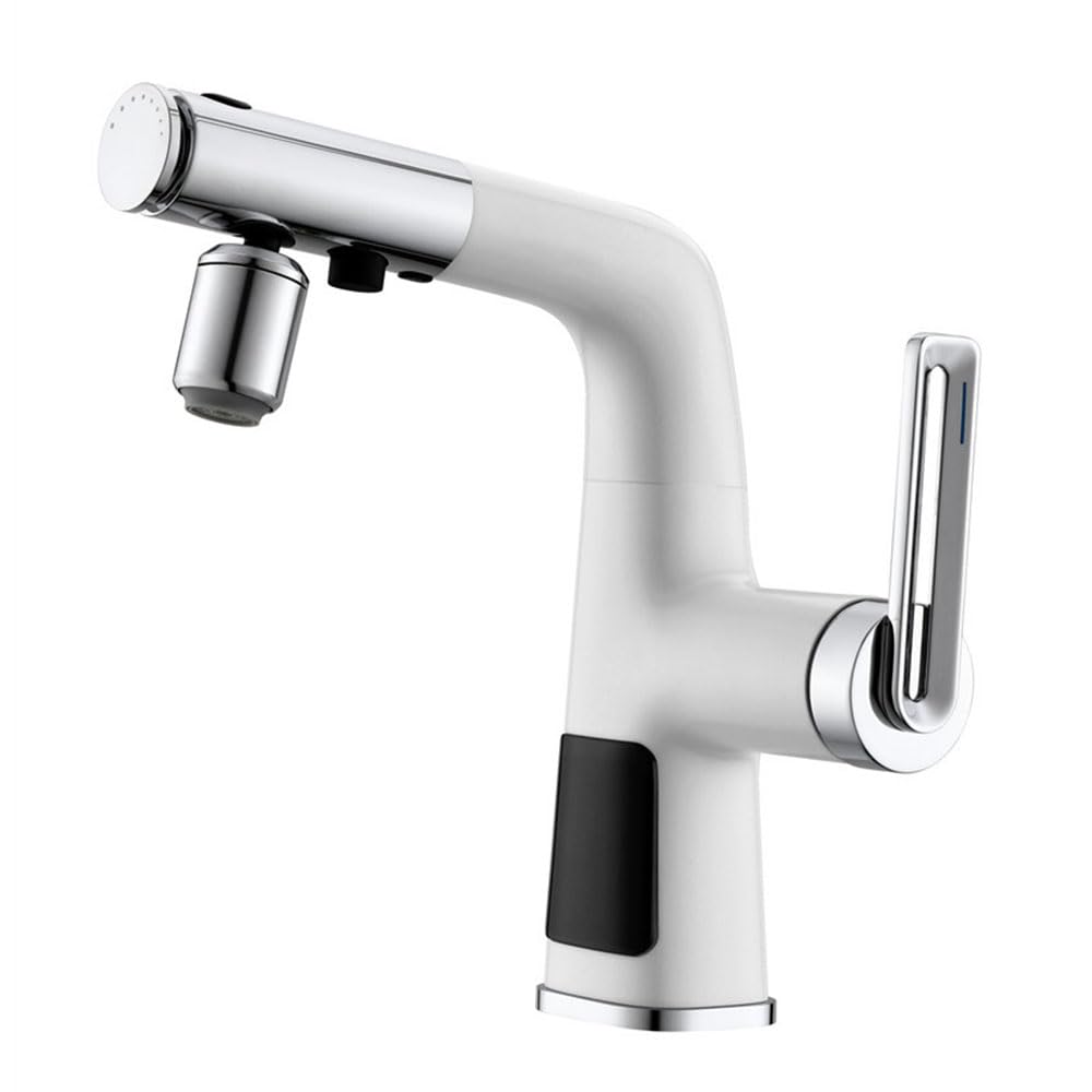 Mitigeur de salle de bain blanc et chrome avec douchette extractible 3 modes