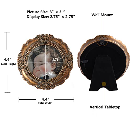 Vinlife Vintage Picture Frames 3X3 Small Round Picture Frames 3X3 Antique Mini Picture Frames Ornate Picture Frames Collage Wall Mount And Tabletop Embossed Floral Bronze Gold #TOP1