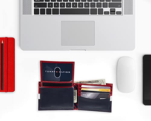 Tommy Hilfiger Men's Leather Wallet - Rfid Blocking Slim Thin Bifold With Removable Card Holder And Gift Box, Red/Navy #TOP6