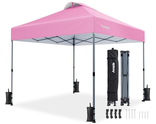 Amada 10x10 Pop Up Canopy - Center Lock One Push Instant Setup Wheeled Gazebo Outdoor Canopy Beach Tent with STO-N-Go Bag 8 Stakes & 4 Sand Bags 3-Height Adjustable Shade Shelter (10x10ft Pink)