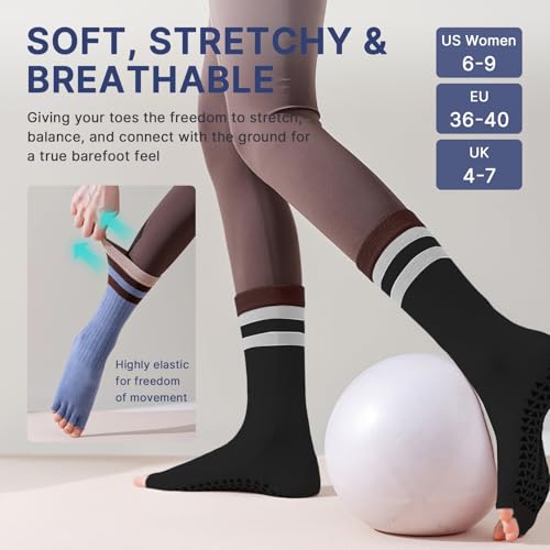 Image of Non Slip Pilates Grip Socks for Women Yoga Barre Knitted Cotton | Full Foot Sticky Silicone,Soft Breathable Comfortable,Durable Washable Anti Skid,Gentle Arch Compression Support