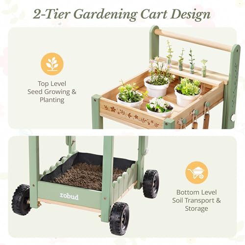 ROBUD Kids Gardening Tools Set with 2-Tier Wooden Cart Wheelbarrow, Toddler Gardening Set with Watering Can, Shovel, Rake & Plant Labels, Outdoor Backyard Garden Toys for Boys, (Green) by ROBUD - Image 4