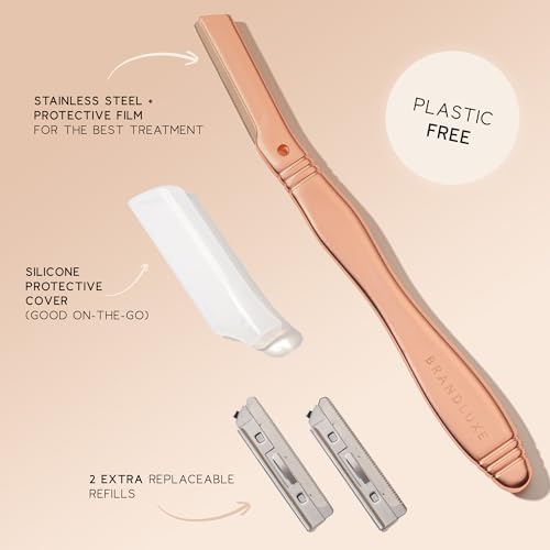 Brandluxe Dermaplaning Tool for Face, Eyebrow Shaping, Hair Removal and Exfoliation. Eco-friendly design. Includes 3 Swedish stainless steel blades in RoseGold (Starter Kit)